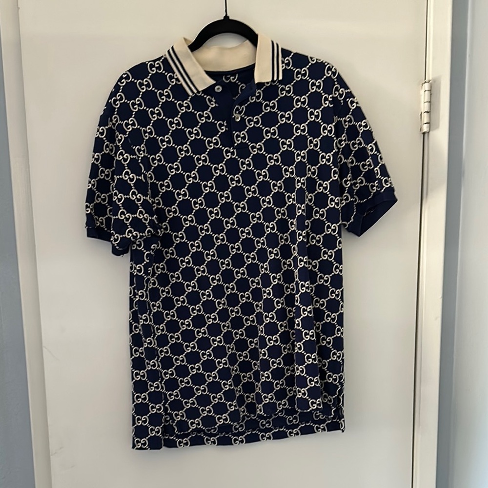 Gucci Blue and White Polo Shirt with Iconic Pattern